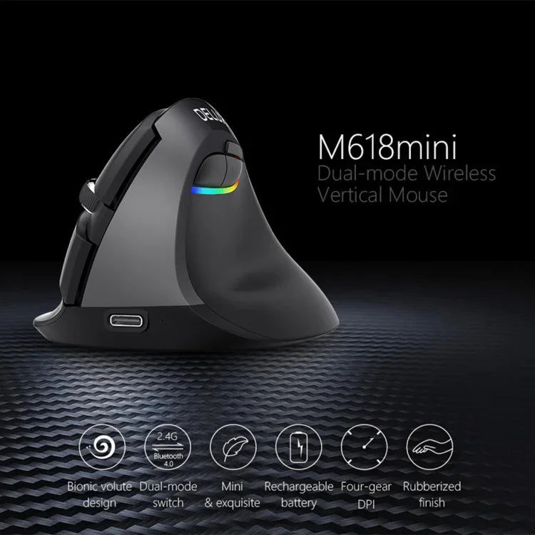 DELUX M618 Mini 2,4-GHz-Funkmaus mit 2400 DPI, USB-wiederaufladbar, ergonomisch, vertikal, Grau