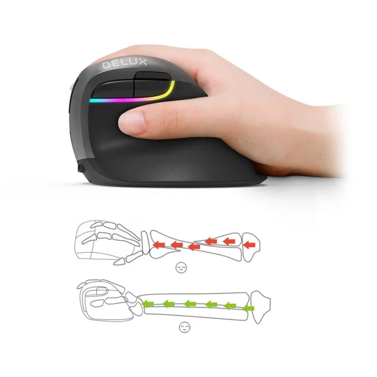 DELUX M618 Mini 2,4-GHz-Funkmaus mit 2400 DPI, USB-wiederaufladbar, ergonomisch, vertikal, Grau