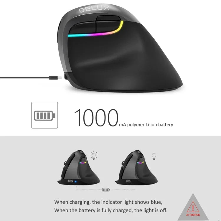 DELUX M618 Mini 2,4-GHz-Funkmaus mit 2400 DPI, USB-wiederaufladbar, ergonomisch, vertikal, Grau