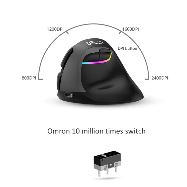 DELUX M618 Mini 2,4-GHz-Funkmaus mit 2400 DPI, USB-wiederaufladbar, ergonomisch, vertikal, Grau