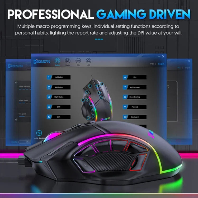 MKESPN X15 Kabelgebundene Maus mit voller Geschwindigkeit, 12800 DPI, 12 Tasten, Makro-Definition, RGB-Beleuchtung, x15