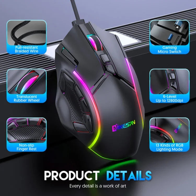 MKESPN X15 Kabelgebundene Maus mit voller Geschwindigkeit, 12800 DPI, 12 Tasten, Makro-Definition, RGB-Beleuchtung, x15