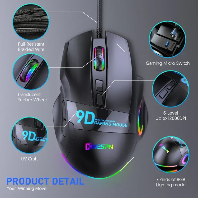 MKESPN X10 9-Tasten RGB Kabelgebundene Gaming-Maus mit voller Geschwindigkeits-Makrodefinition, Volle Geschwindigkeits-Makrodefinition