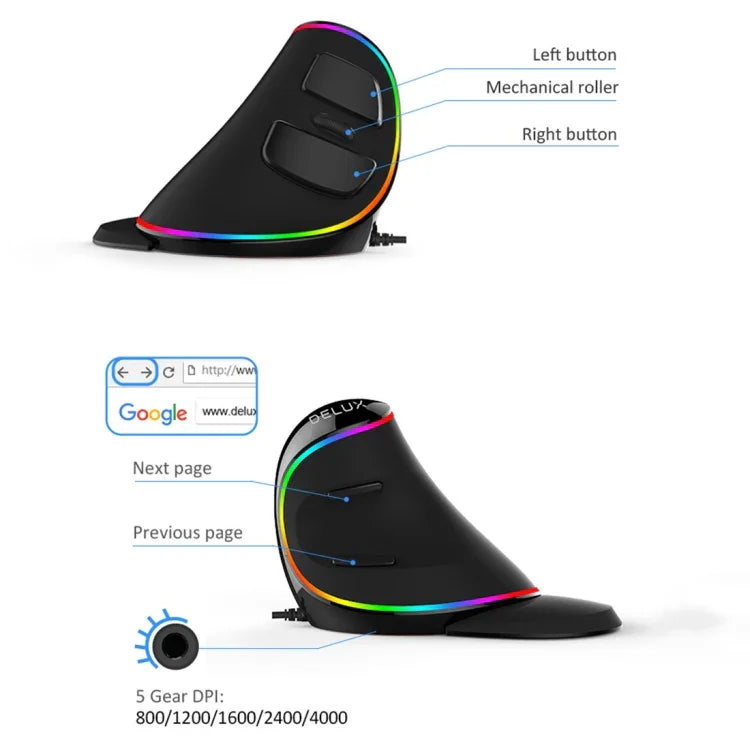 DELUX M618 Plus RGB Kabelgebundene optische Maus, ergonomische Vertikalmaus, 4000 DPI