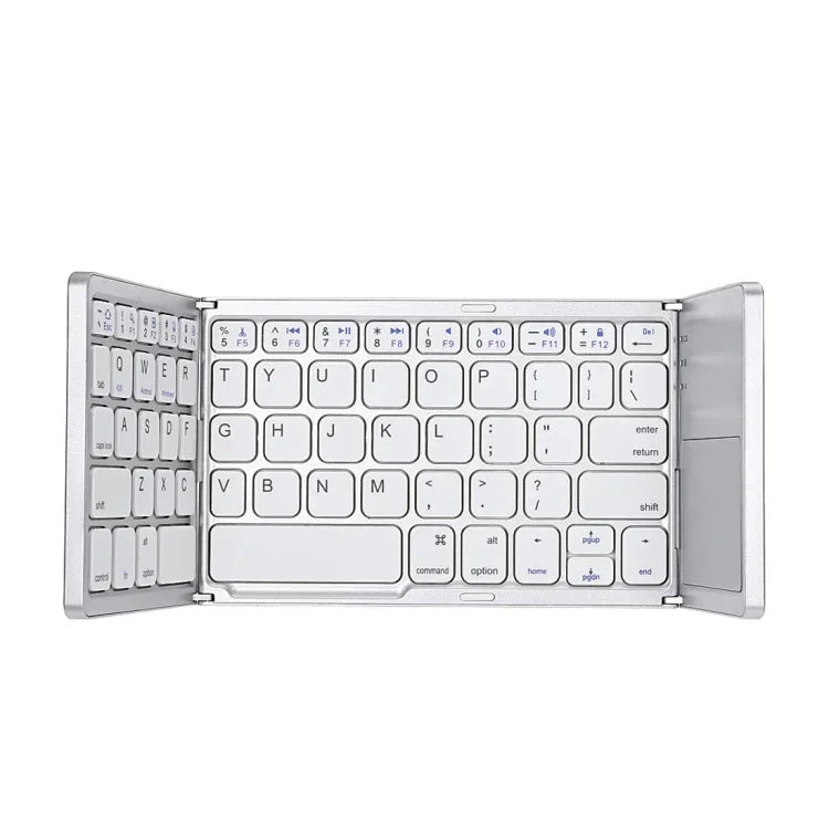 B033 Wiederaufladbare, dreifach faltbare Bluetooth-Tastatur mit 64 Tasten und Touchpad, Weiß