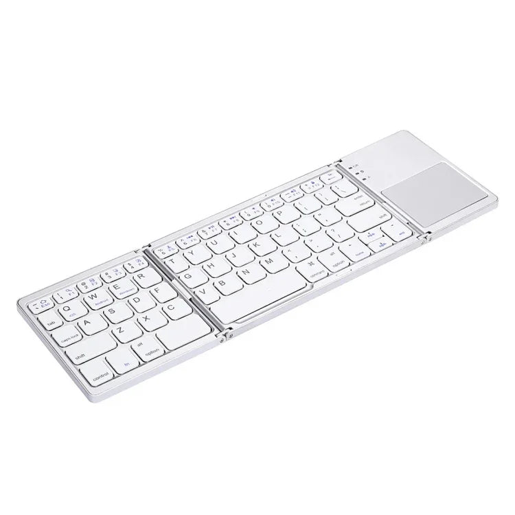 B033 Wiederaufladbare, dreifach faltbare Bluetooth-Tastatur mit 64 Tasten und Touchpad, Weiß