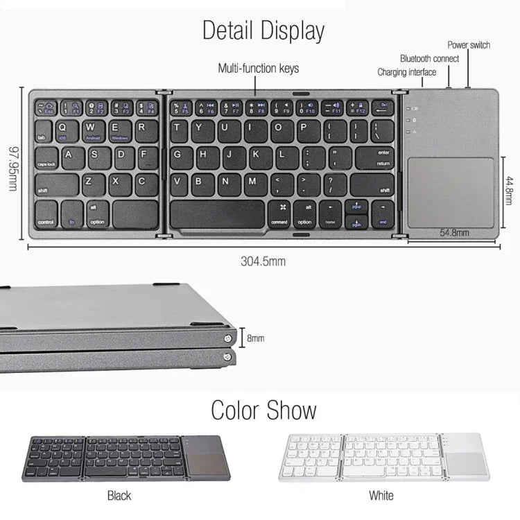 B033 Wiederaufladbare, dreifach faltbare Bluetooth-Tastatur mit 64 Tasten und Touchpad, Weiß
