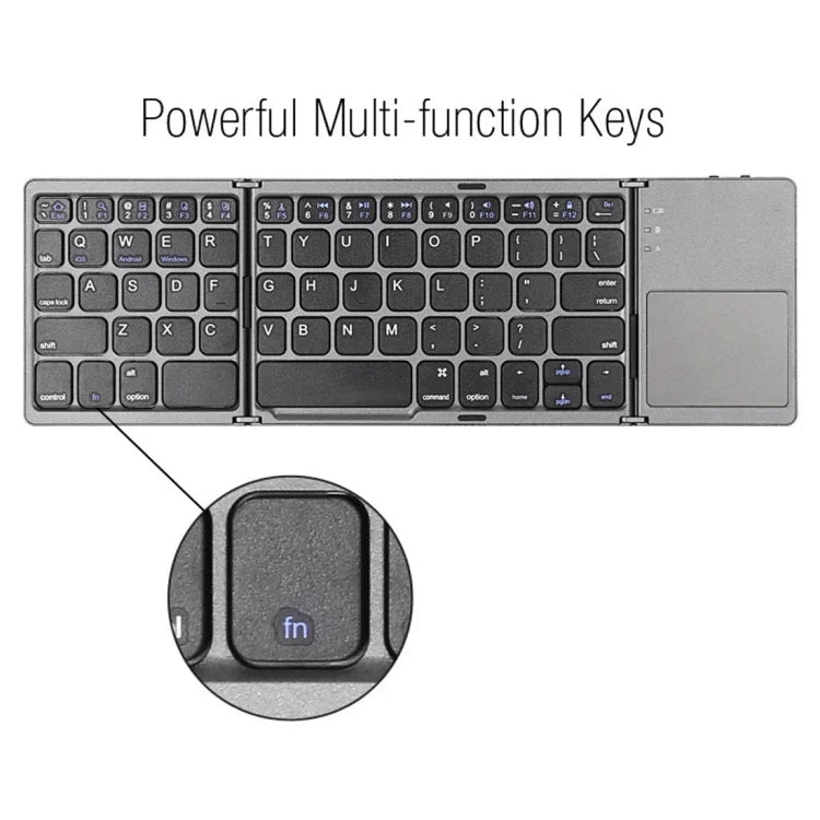 B033 Wiederaufladbare, dreifach faltbare Bluetooth-Tastatur mit 64 Tasten und Touchpad, Weiß