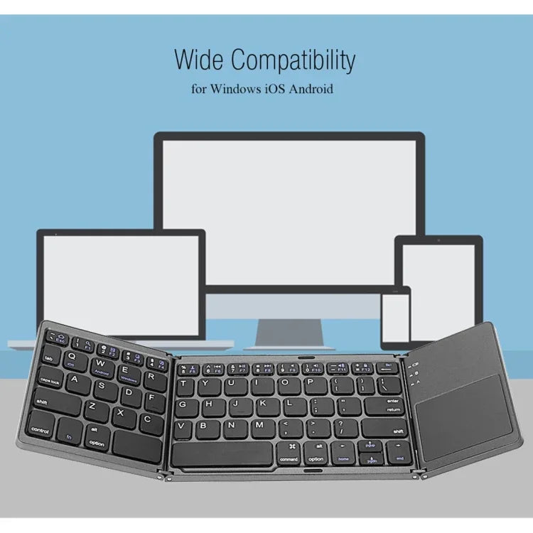 B033 Wiederaufladbare, dreifach faltbare Bluetooth-Tastatur mit 64 Tasten und Touchpad, Weiß