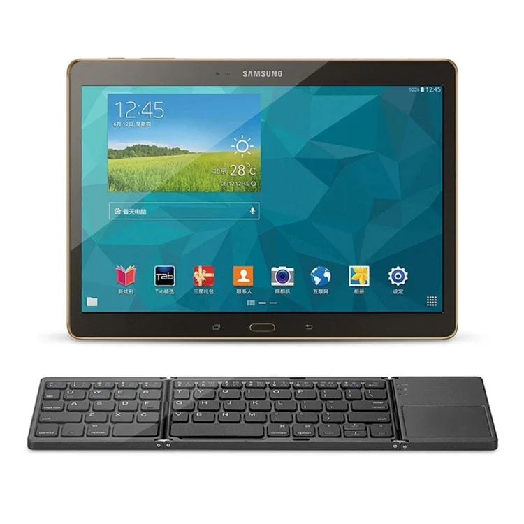 B033 Wiederaufladbare, dreifach faltbare Bluetooth-Tastatur mit 64 Tasten und Touchpad, Weiß