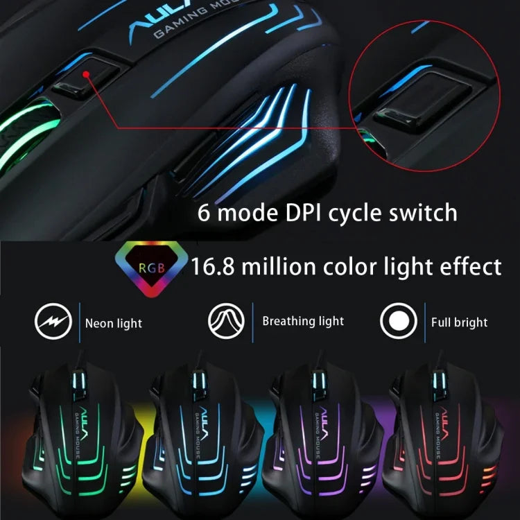Aula Series Ghost Shark II Colourful Light 7D Optical Competitive USB Wired Gaming Mouse, Maximum Resolution of 4000 DPI, Ghost Shark II(B)