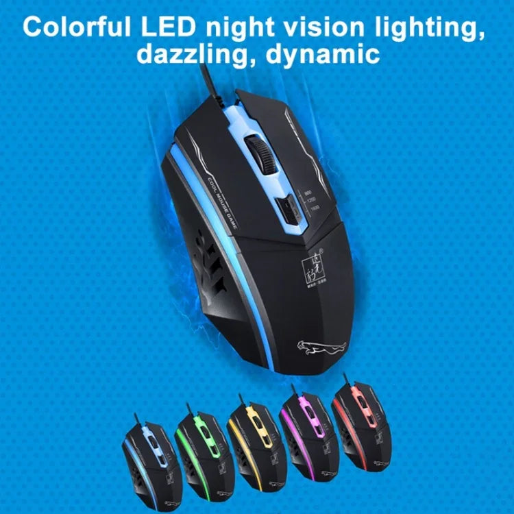 Chasing Leopard 199 USB 1600DPI Kabelgebundene optische Gaming-Maus mit drei Geschwindigkeitsstufen, einstellbarer LED-Hintergrundbeleuchtung, Länge: 1,3 m, Schwarz, 199
