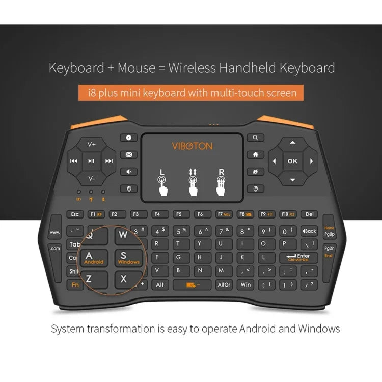 VIBOTON i8 Plus Aktualisierte 2,4-GHz-QWERT-Mini-Funktastatur mit Touchpad für TV-Box, Mi Box, Computer, Tablet, Laptop und Projektor (Schwarz), Kabellose Tastatur
