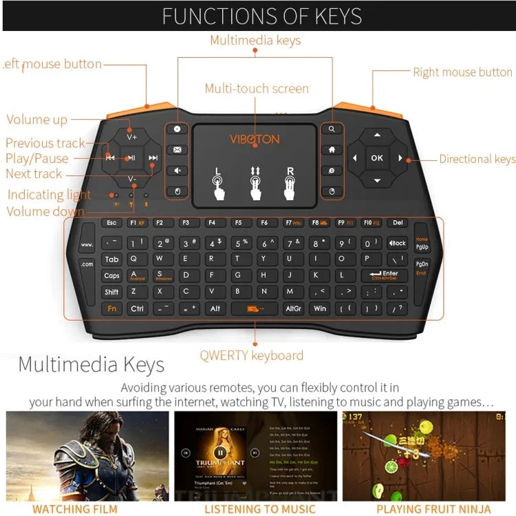 VIBOTON i8 Plus Aktualisierte 2,4-GHz-QWERT-Mini-Funktastatur mit Touchpad für TV-Box, Mi Box, Computer, Tablet, Laptop und Projektor (Schwarz), Kabellose Tastatur