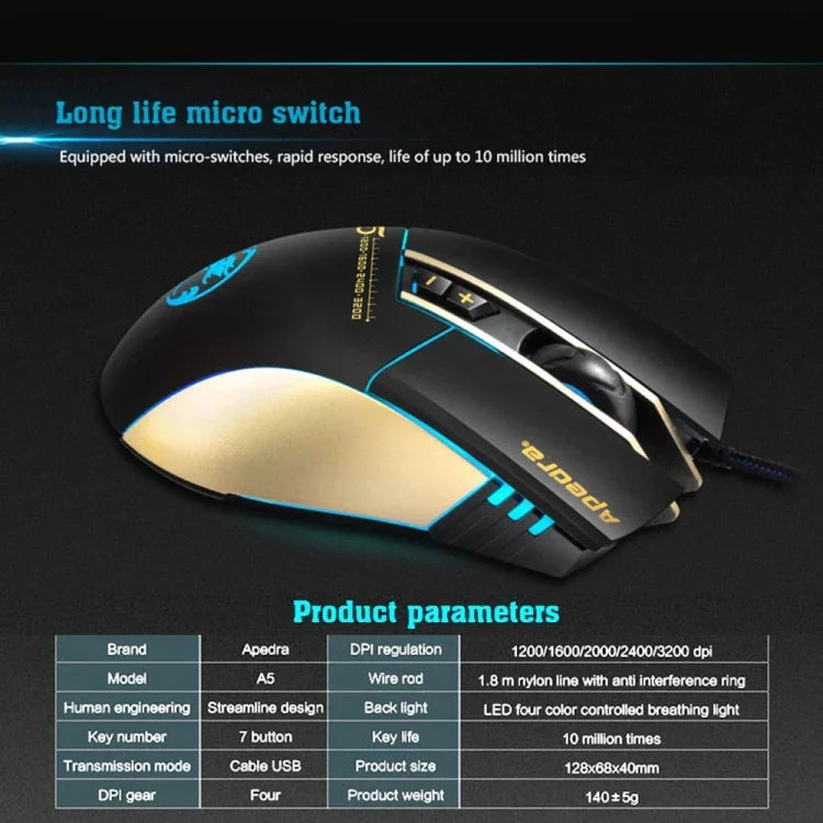 Apedra iMICE A5 Hochpräzise Gaming-Maus mit LED-Beleuchtung (vier Farben, steuerbar), USB-Anschluss, 7 Tasten, 3200 DPI, kabelgebundene optische Gaming-Maus für Computer, PC und Laptop, iMICE A5