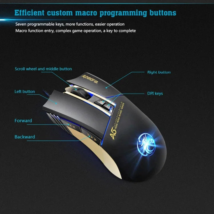 Apedra iMICE A5 Hochpräzise Gaming-Maus mit LED-Beleuchtung (vier Farben, steuerbar), USB-Anschluss, 7 Tasten, 3200 DPI, kabelgebundene optische Gaming-Maus für Computer, PC und Laptop, iMICE A5