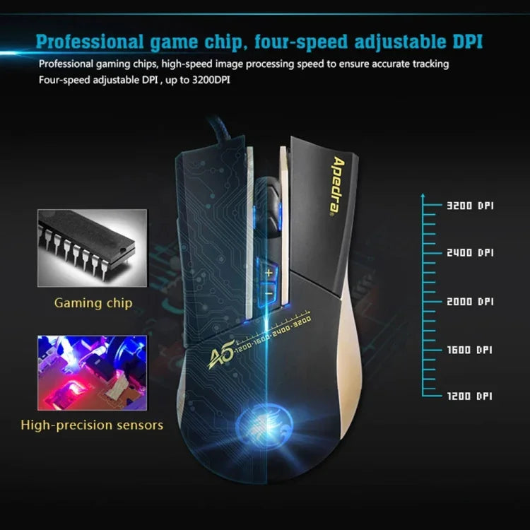 Apedra iMICE A5 Hochpräzise Gaming-Maus mit LED-Beleuchtung (vier Farben, steuerbar), USB-Anschluss, 7 Tasten, 3200 DPI, kabelgebundene optische Gaming-Maus für Computer, PC und Laptop, iMICE A5
