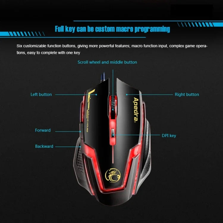 Apedra iMICE A9 Hochpräzise Gaming-Maus mit LED-Beleuchtung (vier Farben, steuerbar), USB-Anschluss, 6 Tasten, 3200 DPI, kabelgebundene optische Gaming-Maus für Computer, PC und Laptop, iMICE A9