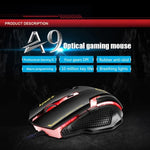 Apedra iMICE A9 Hochpräzise Gaming-Maus mit LED-Beleuchtung (vier Farben, steuerbar), USB-Anschluss, 6 Tasten, 3200 DPI, kabelgebundene optische Gaming-Maus für Computer, PC und Laptop, iMICE A9