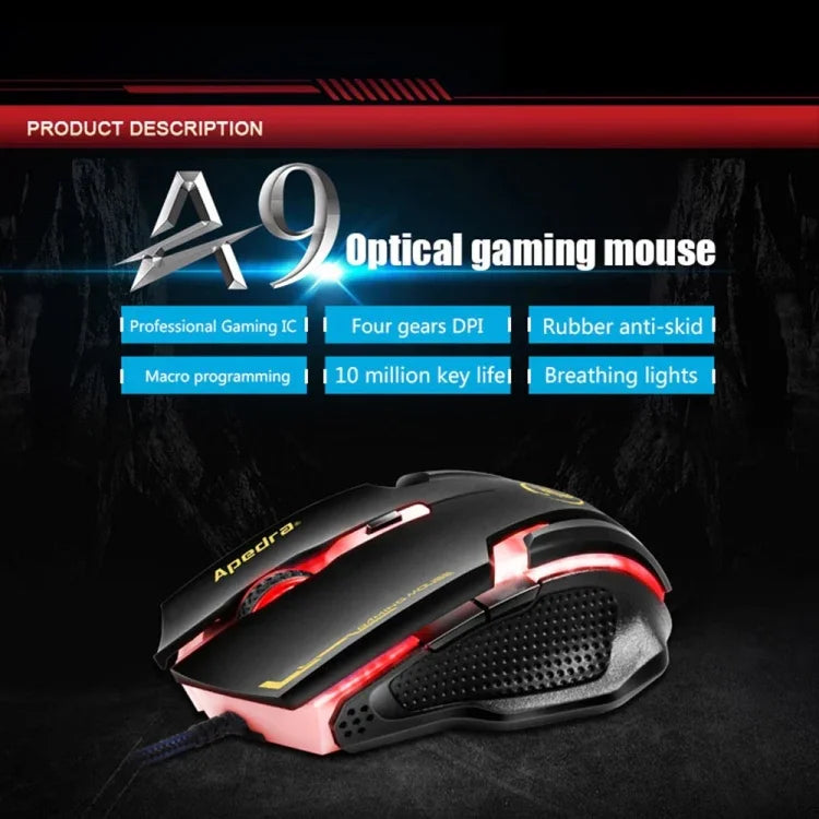Apedra iMICE A9 Hochpräzise Gaming-Maus mit LED-Beleuchtung (vier Farben, steuerbar), USB-Anschluss, 6 Tasten, 3200 DPI, kabelgebundene optische Gaming-Maus für Computer, PC und Laptop, iMICE A9