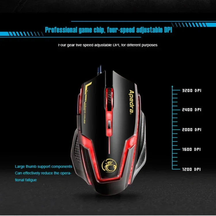 Apedra iMICE A9 Hochpräzise Gaming-Maus mit LED-Beleuchtung (vier Farben, steuerbar), USB-Anschluss, 6 Tasten, 3200 DPI, kabelgebundene optische Gaming-Maus für Computer, PC und Laptop, iMICE A9