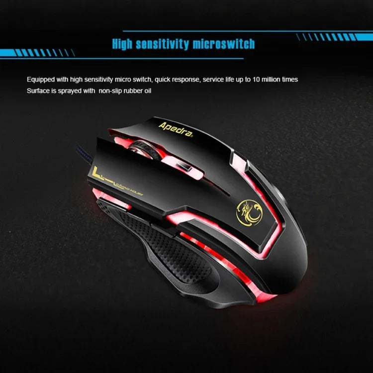 Apedra iMICE A9 Hochpräzise Gaming-Maus mit LED-Beleuchtung (vier Farben, steuerbar), USB-Anschluss, 6 Tasten, 3200 DPI, kabelgebundene optische Gaming-Maus für Computer, PC und Laptop, iMICE A9