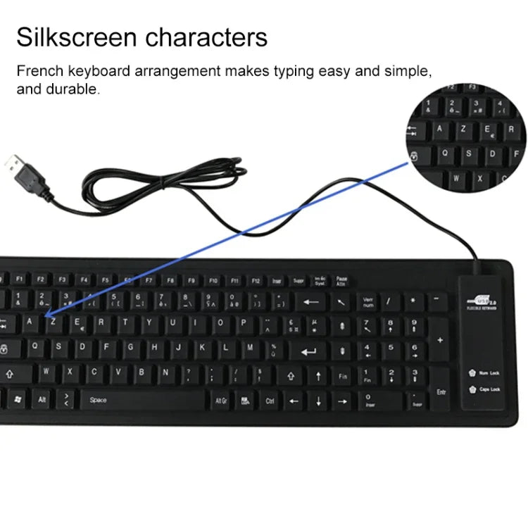 Französische USB-Tastatur mit 103 Tasten, kabelgebunden, wasserdicht, Silikon, für Desktop-PCs und Notebooks, Kabellänge: 1,5 m