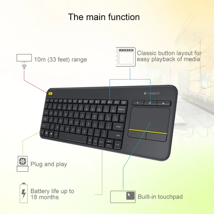Logitech K400 Plus 2,4-GHz-Funk-Touch-Tastatur, Funkreichweite: 10 m, Logitech K400 Plus