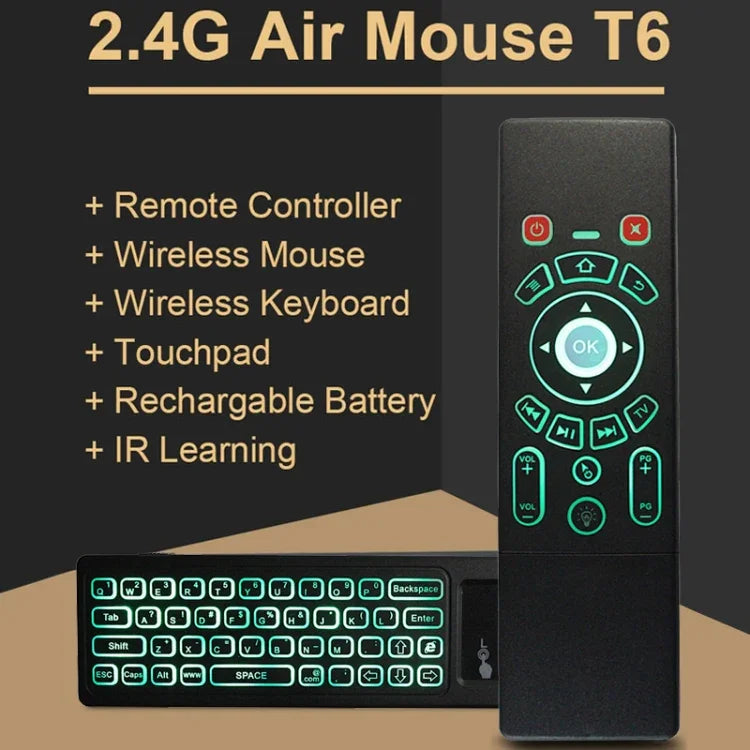 T6 Bunte Licht-Version Air Mouse 2,4 GHz Drahtlose Tastatur Fernbedienung mit Touchpad & IR-Lernfunktion für PC, Android TV Box / Smart TV, Multimedia-Geräte, T6