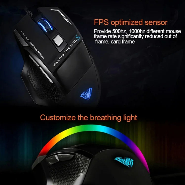 AULA Series SoulKiller II Colourful Light 7D Optical Competitive USB Wired Gaming Mouse, Maximum Resolution of 3500 DPI, SoulKiller II(B)
