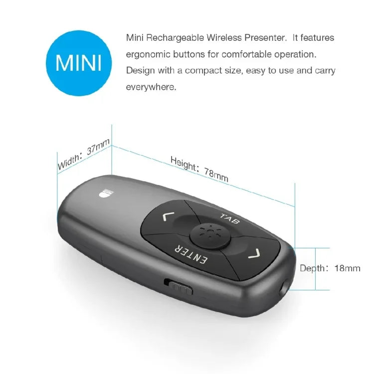 Doosl DSIT011 2,4 GHz Mini wiederaufladbare PowerPoint-Präsentationsfernbedienung, Reichweite: 100 m (Schwarz)
