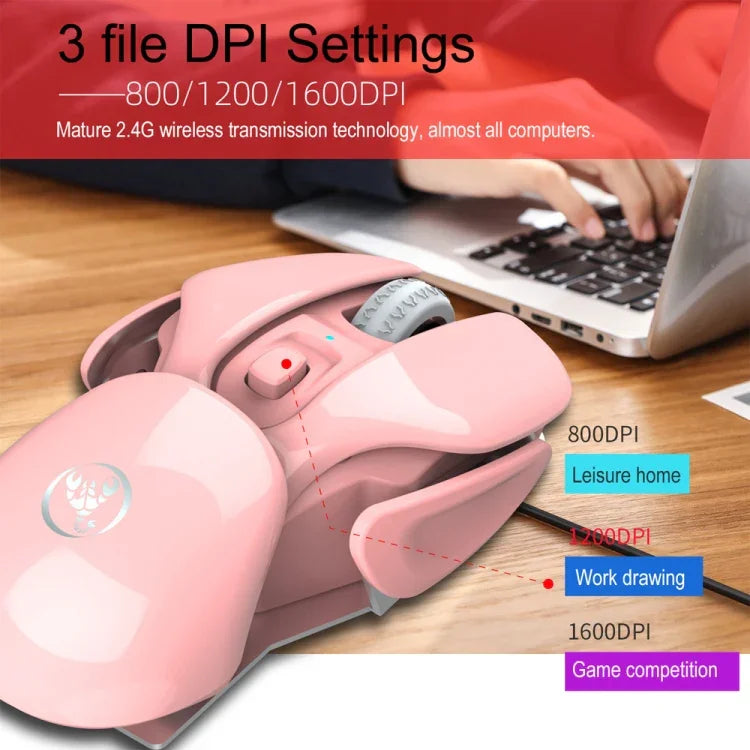 HXSJ T37 2,4 GHz 1600 dpi Kabellose Maus mit 3 Modi, einstellbarer Stummschaltung, T37 Pink
