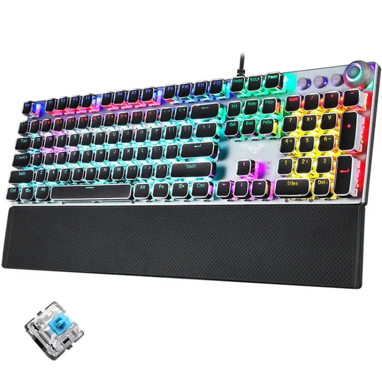 AULA F2088 108 Tasten, mechanische Gaming-Tastatur mit Metallknöpfen, kabelgebundenem USB-Kabel, gemischter Lichtplattierung, Punk-Design, blauen Schaltern und silbernem Gehäuse.