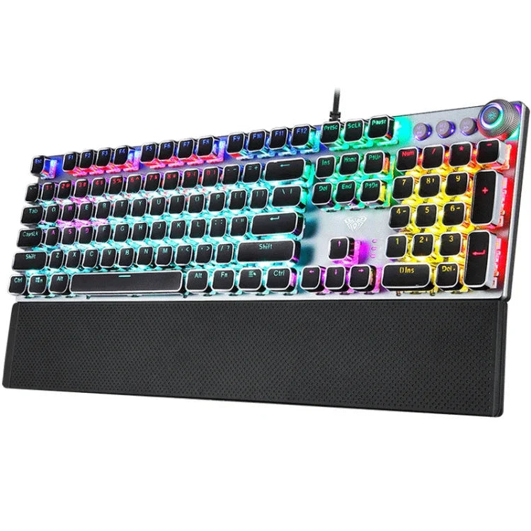 AULA F2088 108 Tasten, mechanische Gaming-Tastatur mit Metallknöpfen, kabelgebundenem USB-Kabel, gemischter Lichtplattierung, Punk-Design, blauen Schaltern und silbernem Gehäuse.