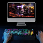 AULA F2088 108 Tasten, mechanische Gaming-Tastatur mit Metallknöpfen, kabelgebundenem USB-Kabel, gemischter Lichtplattierung, Punk-Design, blauen Schaltern und silbernem Gehäuse.