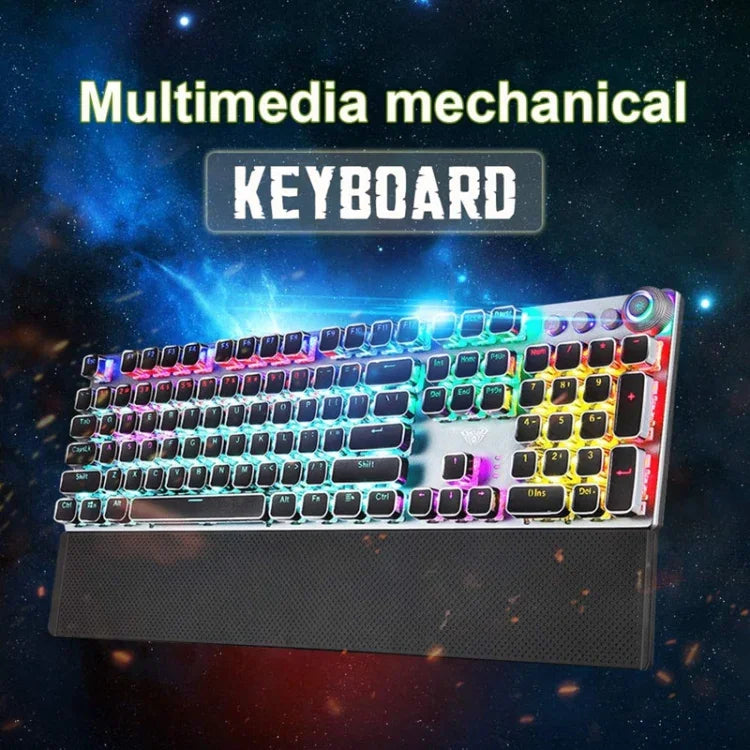 AULA F2088 108 Tasten, mechanische Gaming-Tastatur mit Metallknöpfen, kabelgebundenem USB-Kabel, gemischter Lichtplattierung, Punk-Design, blauen Schaltern und silbernem Gehäuse.