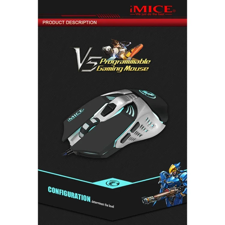 iMICE V5 USB 7-Tasten 4000 DPI Kabelgebundene optische Gaming-Maus mit farbiger Hintergrundbeleuchtung für Computer, PC und Laptop, V5 (Weiß)