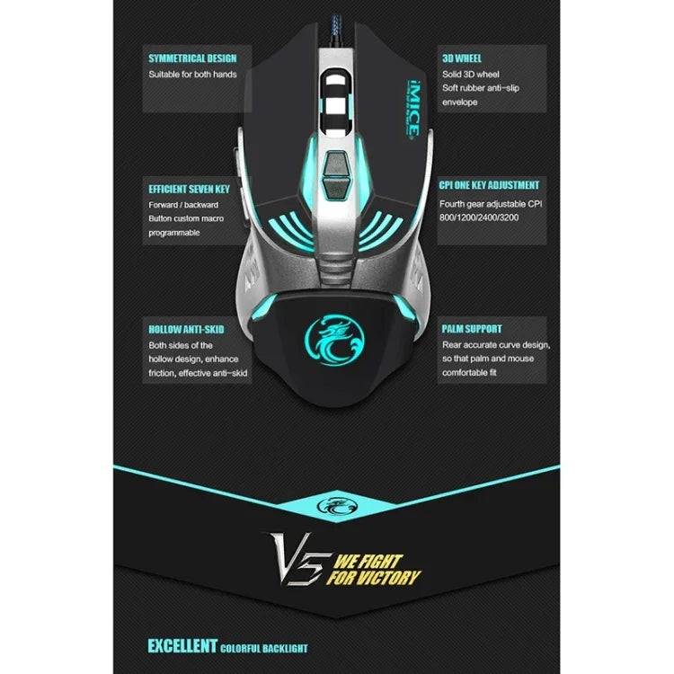 iMICE V5 USB 7-Tasten 4000 DPI Kabelgebundene optische Gaming-Maus mit farbiger Hintergrundbeleuchtung für Computer, PC und Laptop, V5 (Weiß)