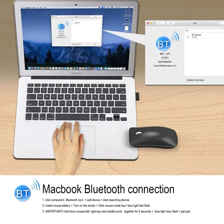 HXSJ T23 Bluetooth 5.0 + Bluetooth 3.0 + 2,4 GHz Funkmaus mit drei Modi, 4 Tasten, 1600 DPI einstellbar, ergonomisch, optisch, Schwarz