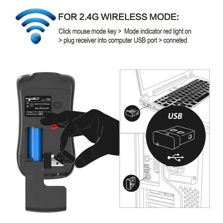 HXSJ T23 Bluetooth 5.0 + Bluetooth 3.0 + 2,4 GHz Funkmaus mit drei Modi, 4 Tasten, 1600 DPI einstellbar, ergonomisch, optisch, Schwarz