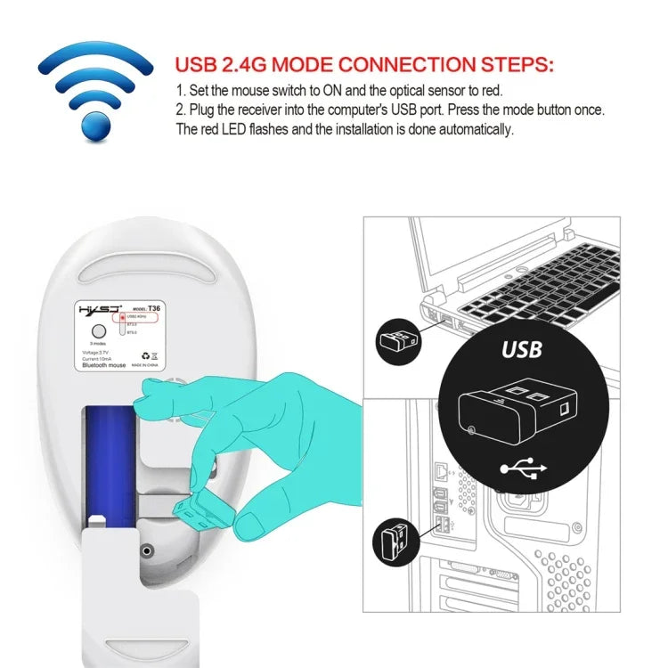 HXSJ T36 2,4G Bluetooth 5.0+3.0 Kabellose Bluetooth-Maus mit drei Modi und geräuscharmem Design