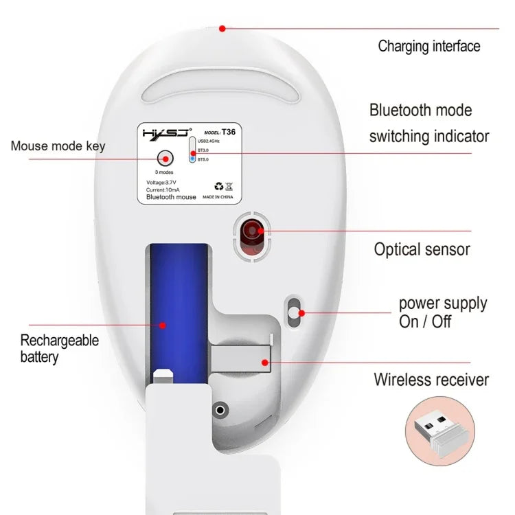 HXSJ T36 2,4G Bluetooth 5.0+3.0 Kabellose Bluetooth-Maus mit drei Modi und geräuscharmem Design