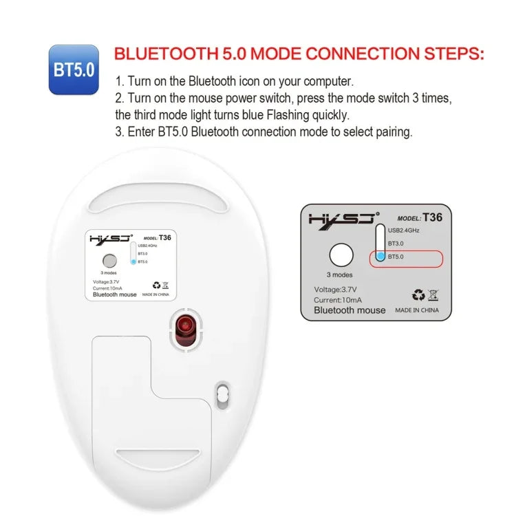 HXSJ T36 2,4G Bluetooth 5.0+3.0 Kabellose Bluetooth-Maus mit drei Modi und geräuscharmem Design