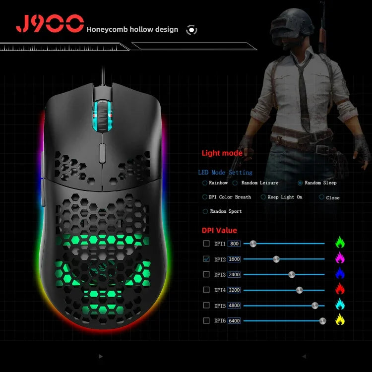 HXSJ J900 6-Tasten RGB-Beleuchtung Programmierbare Kabelgebundene Gaming-Maus (Weiß), J900 (Schwarz), J900 (Weiß)