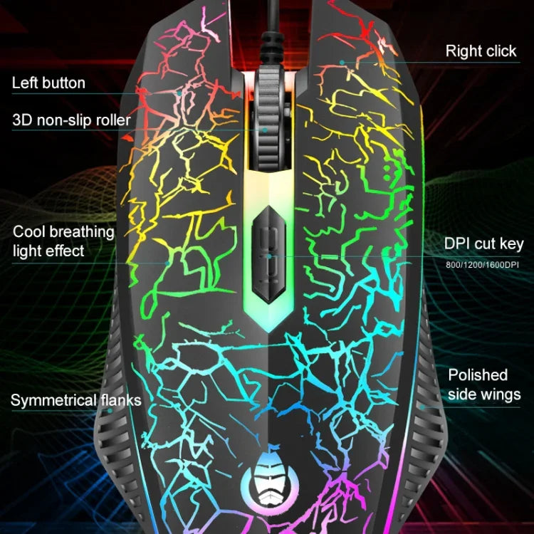 SHIPADOO D620 104-Tasten Kabelgebundenes RGB-Farb-Cracked-Backlight-Gaming-Tastatur-Maus-Set für Laptop, PC