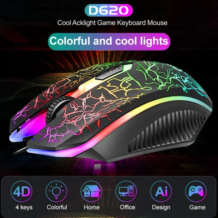 SHIPADOO D620 104-Tasten Kabelgebundenes RGB-Farb-Cracked-Backlight-Gaming-Tastatur-Maus-Set für Laptop, PC