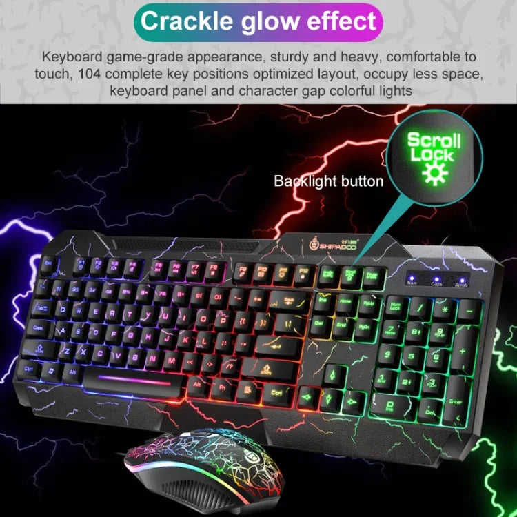 SHIPADOO D620 104-Tasten Kabelgebundenes RGB-Farb-Cracked-Backlight-Gaming-Tastatur-Maus-Set für Laptop, PC
