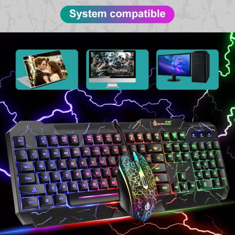 SHIPADOO D620 104-Tasten Kabelgebundenes RGB-Farb-Cracked-Backlight-Gaming-Tastatur-Maus-Set für Laptop, PC