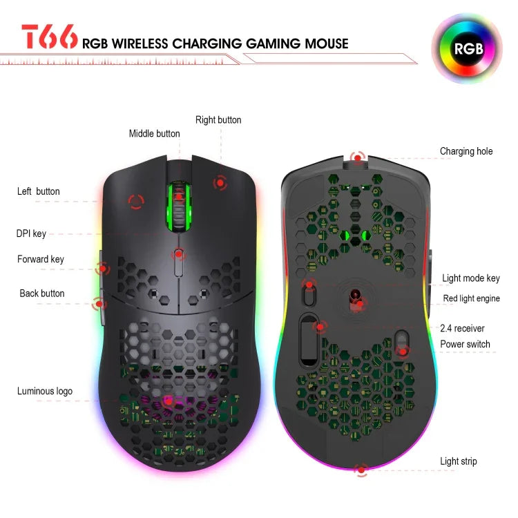 HXSJ T66 7-Tasten-Gaming-Funkmaus mit programmierbarer, farbiger Beleuchtung, T66 (Weiß)