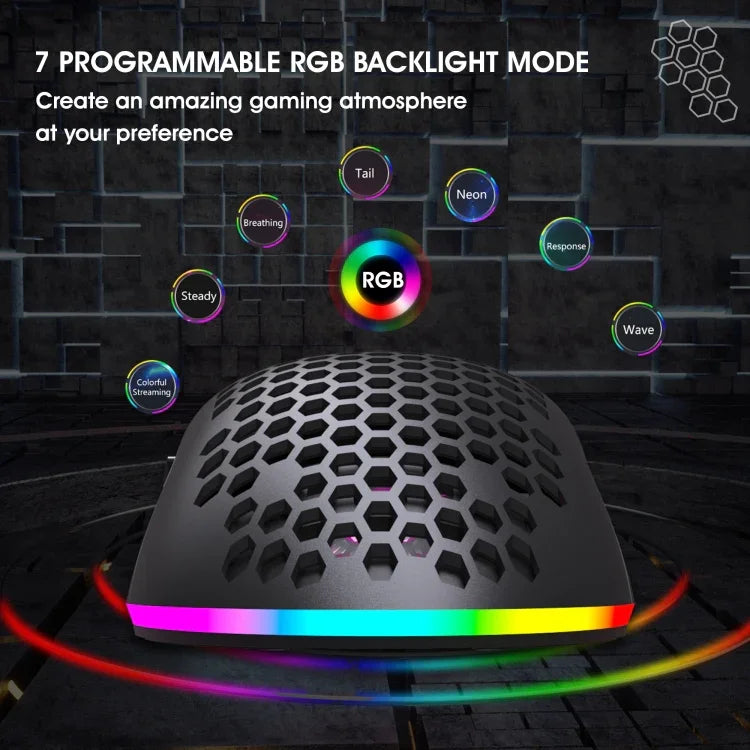 HXSJ T66 7-Tasten-Gaming-Funkmaus mit programmierbarer, farbiger Beleuchtung, T66 (Weiß)